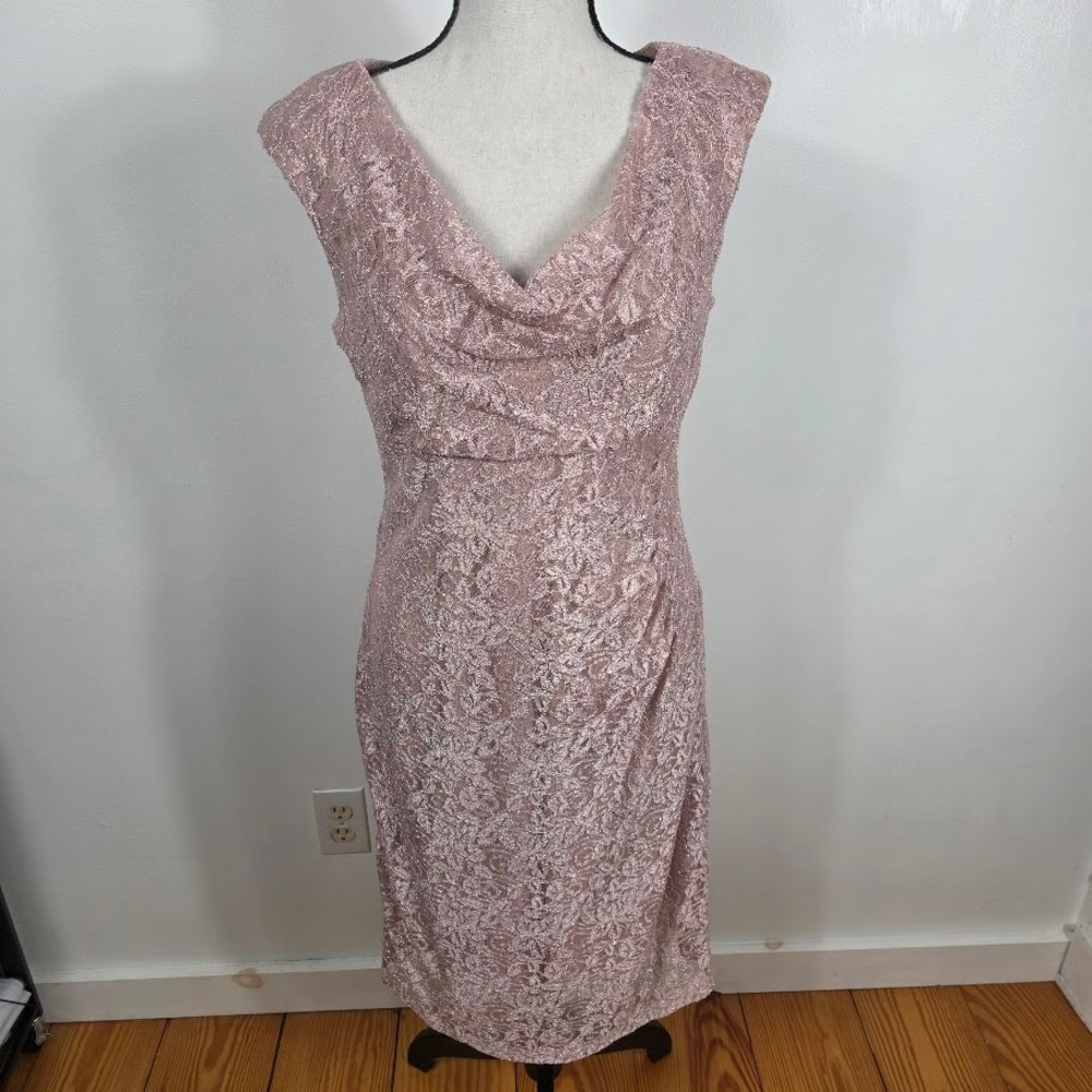 Scarlett Lace Sheath Dress Women 10 Pink Metallic Cowl Neck Ruched Cocktail Gala